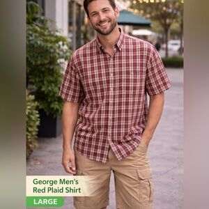 George Men's Red Plaid Shirt LARGE